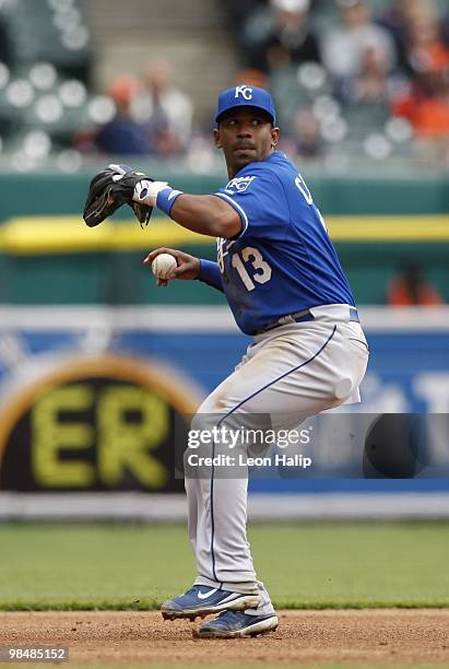 Alberto Callaspo of the Kansas City Royals makes the play against the Detroit Tigers on April 13, 2010 at Comerica Park in Detroit, Michigan. The...