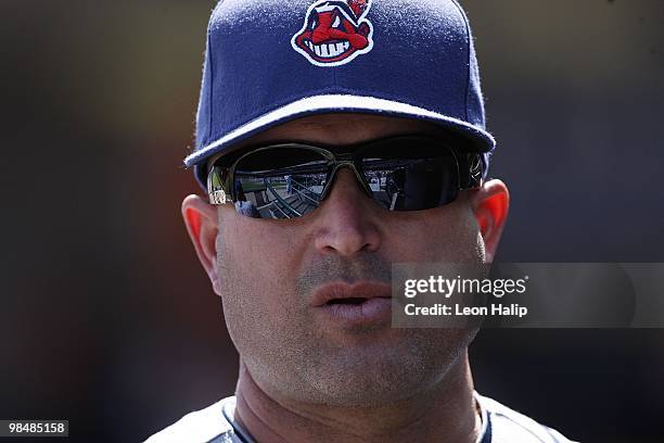 Cleveland Indians manager Manny Acta watches the action from the Indians dugout during the game against the Detroit Tigers on April 11, 2010 at...
