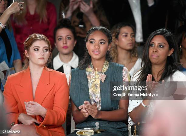 Willow Shields, Chandler Kinney and Hema Persad attend the Wolk Morais Collection 7 Fashion Show at The Jeremy Hotel on June 26, 2018 in West...