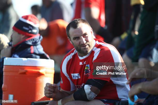 Tim Perry of Tasman sits on the bench during the Mitre 10 Cup trial match between Counties Manukau and Tasman at Mountford Park on June 27, 2018 in...