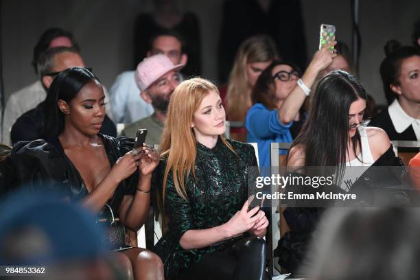 Nia Jervier, Katherine McNamara and Isabelle Fuhrman attend the Wolk Morais Collection 7 Fashion Show at The Jeremy Hotel on June 26, 2018 in West...