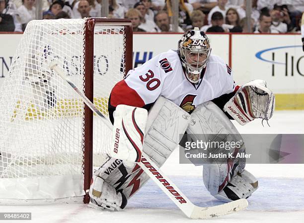 Brian Elliott of the Ottawa Senators protects the net against the Pittsburgh Penguins in Game One of the Eastern Conference Quarterfinals during the...