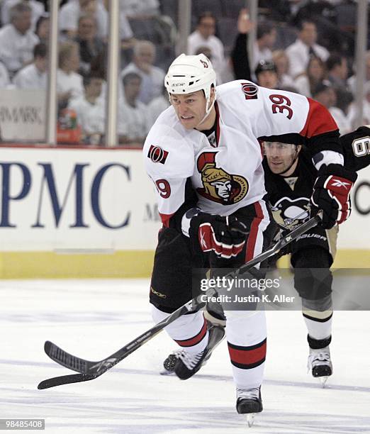 Matt Carkner of the Ottawa Senators skates against the Pittsburgh Penguins in Game One of the Eastern Conference Quarterfinals during the 2010 NHL...