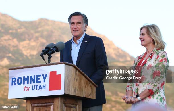 Mitt Romney and his wife Ann talks to supporters and declares victory on June 26, 2018 in Orem, Utah. Romney was declared the winner over his...