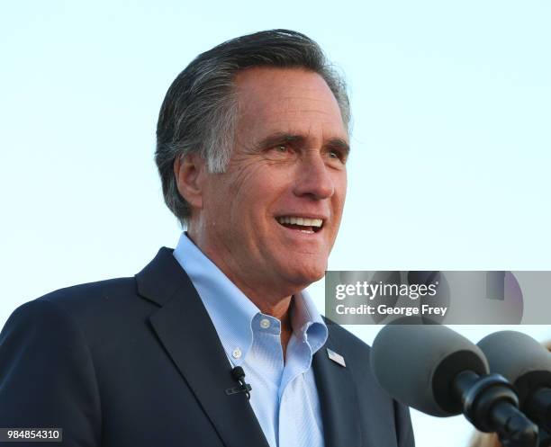 Mitt Romney talks to supporters and declares victory on June 26, 2018 in Orem, Utah. Romney was declared the winner over his challenger Mike Kennedy...