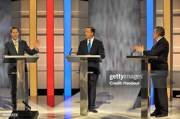 In this handout image provided by ITV1, the first televised general election leaders debate between Gordon Brown of the Labour Party, David Cameron...