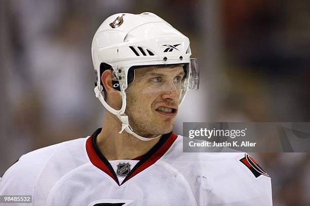 Jason Spezza of the Ottawa Senators skates against the Pittsburgh Penguins in Game One of the Eastern Conference Quarterfinals during the 2010 NHL...