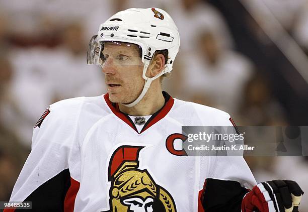 Daniel Alfredsson of the Ottawa Senators skates against the Pittsburgh Penguins in Game One of the Eastern Conference Quarterfinals during the 2010...