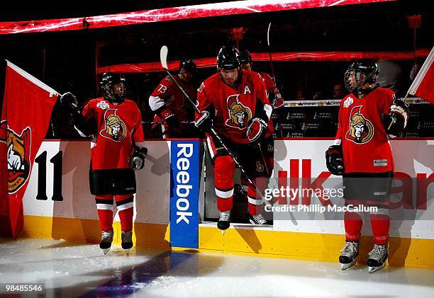 Mike Fisher of the Ottawa Senators takes the ice prior to their NHL game against the Buffalo Sabres at Scotiabank Place on April 10, 2010 in Ottawa,...
