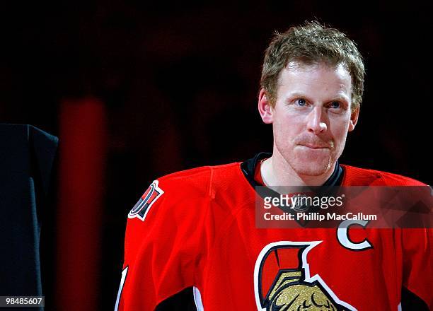 Daniel Alfredsson of the Ottawa Senators looks on prior to their NHL game against the Buffalo Sabres at Scotiabank Place on April 10, 2010 in Ottawa,...
