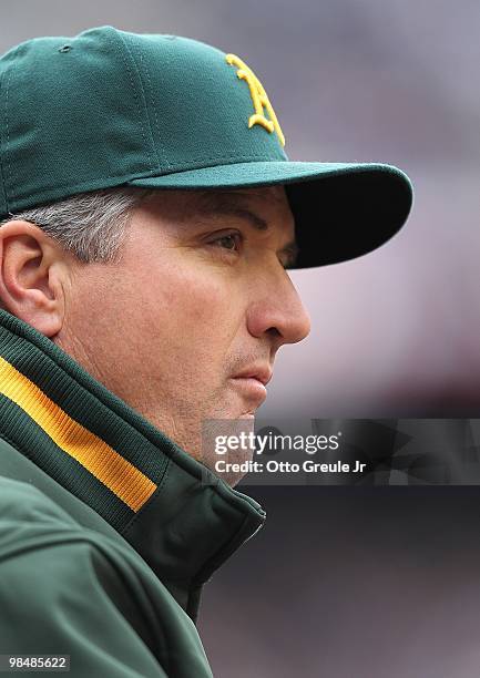 Manager Bob Geren of the Oakland Athletics looks on against the Seattle Mariners during the Mariners' home opener at Safeco Field on April 12, 2010...