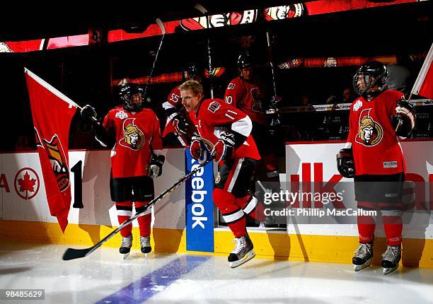 Daniel Alfredsson of the Ottawa Senators takes the ice against the Buffalo Sabres during their NHL game at Scotiabank Place on April 10, 2010 in...