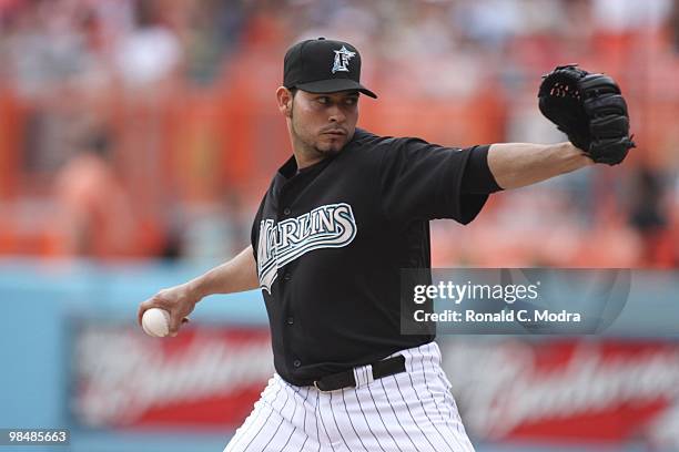 Pitcher Anibal Sanchez of the Florida Marlins pitches during a MLB game against the Los Angeles Dodgers at Sun Life Stadium on April 11, 2010 in...