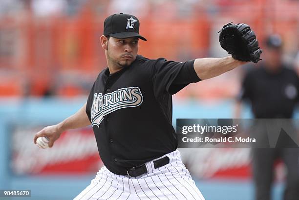 Pitcher Anibal Sanchez of the Florida Marlins pitches during a MLB game against the Los Angeles Dodgers at Sun Life Stadium on April 11, 2010 in...