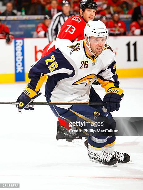 Thomas Vanek of the Buffalo Sabres skates against the Ottawa Senators during their NHL game at Scotiabank Place on April 10, 2010 in Ottawa, Ontario,...