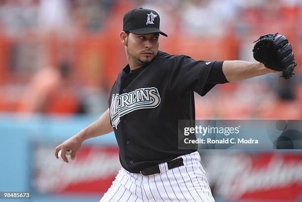 Pitcher Anibal Sanchez of the Florida Marlins pitches during a MLB game against the Los Angeles Dodgers at Sun Life Stadium on April 11, 2010 in...