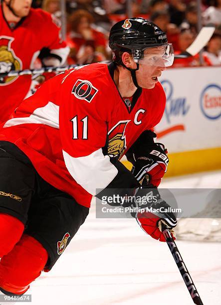 Daniel Alfredsson of the Ottawa Senators skates against the Buffalo Sabres during their NHL game at Scotiabank Place on April 10, 2010 in Ottawa,...