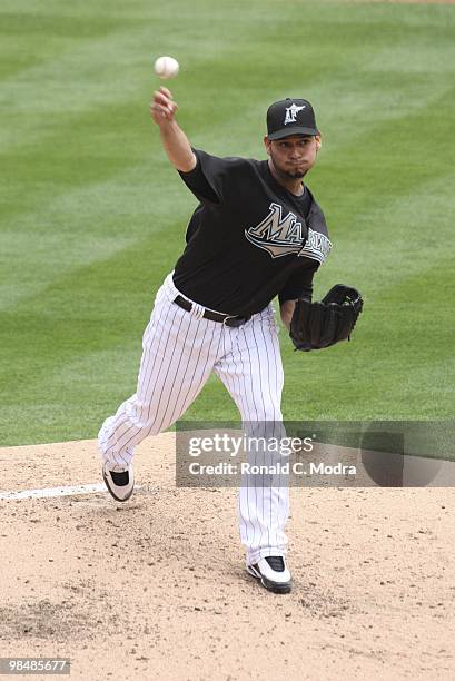 Pitcher Anibal Sanchez of the Florida Marlins pitches during a MLB game against the Los Angeles Dodgers at Sun Life Stadium on April 11, 2010 in...