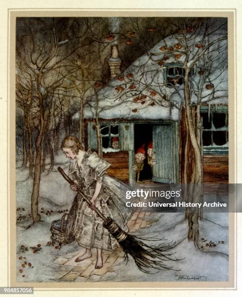 Illustration of a girl sweeping a path while elves watch from a cottage.