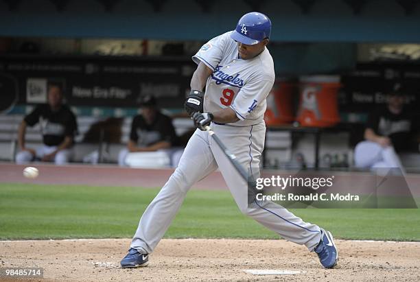 Garret Anderson of the Los Angeles Dodgers bats during a MLB game against the Florida Marlins at Sun Life Stadium on April 11, 2010 in Miami,...