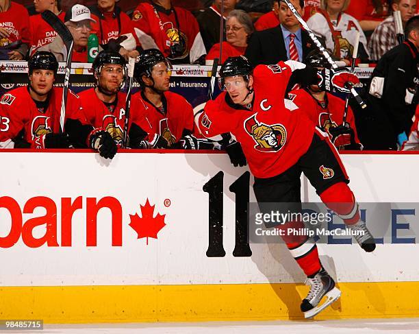 Daniel Alfredsson of the Ottawa Senators changes on the fly against the Buffalo Sabres during their NHL game at Scotiabank Place on April 10, 2010 in...