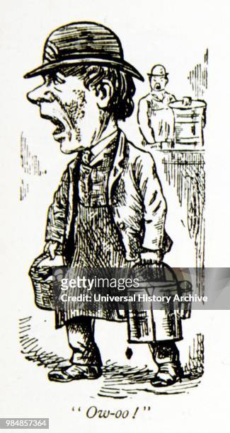 19th century cartoon of a street seller c carrying water and eggs in England circa 1880.