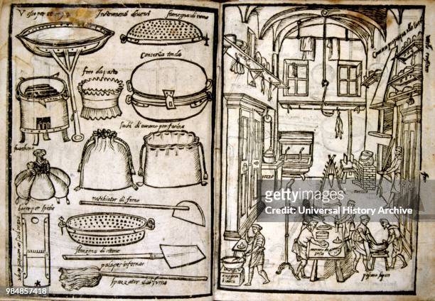 Renaissance kitchen and equipment. From 'Opera dell'arte del cucinare'.