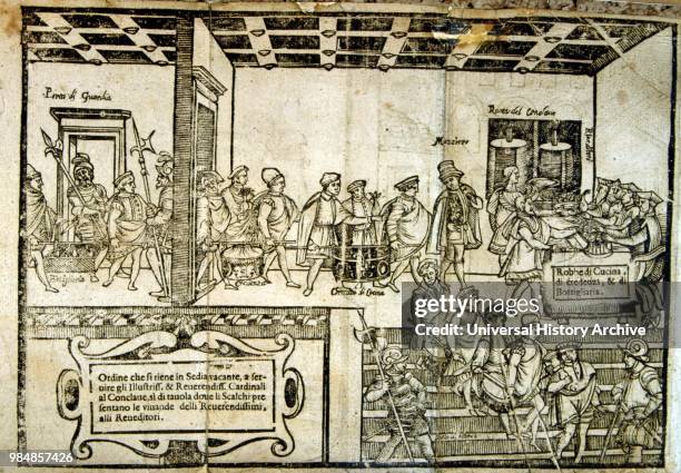 Woodcut illustration of a renaissance feast in Venice.