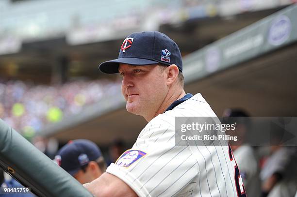 Jim Thome of the Minnesota Twins is seen during the Opening Day game against the Boston Red Sox at Target Field in Minneapolis, Minnesota on April...