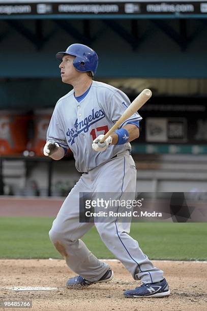 Ellis of the Los Angeles Dodgers bats during a MLB game against the Florida Marlins at Sun Life Stadium on April 11, 2010 in Miami, Florida. (Photo...