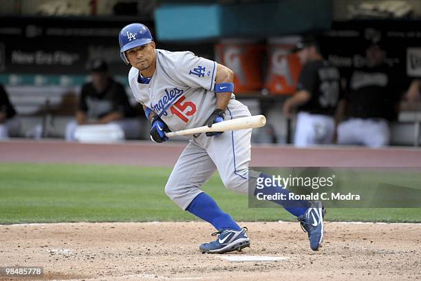 Rafael Furcal of the Los Angeles Dodgers bunts during a MLB game against the Florida Marlins at Sun Life Stadium on April 11, 2010 in Miami, Florida....