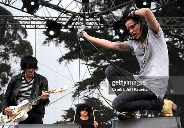Dean Fertita, Jack White and Alison Mosshart of The Dead Weather perform onstage at the 2009 Outside Lands Music and Arts Festival at Golden Gate...