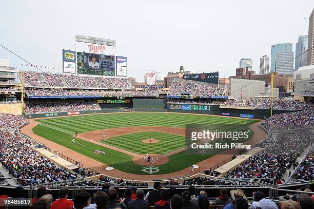 General view of Target Field is seen during the Opening Day game between the Minnesota Twins and the Boston Red Sox at Target Field in Minneapolis,...
