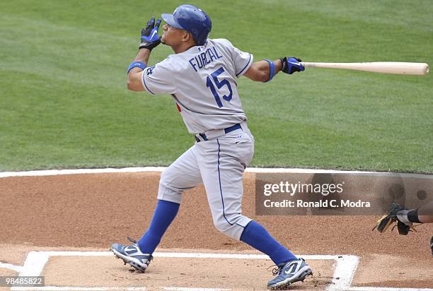 Rafael Furcal of the Los Angeles Dodgers bats during a MLB game against the Florida Marlins at Sun Life Stadium on April 11, 2010 in Miami, Florida....