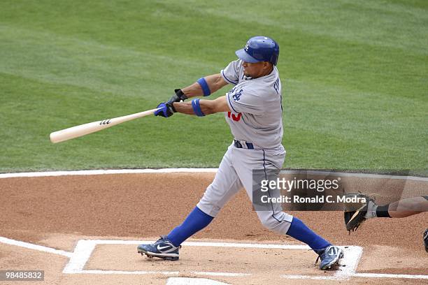 Rafael Furcal of the Los Angeles Dodgers bats during a MLB game against the Florida Marlins at Sun Life Stadium on April 11, 2010 in Miami, Florida....
