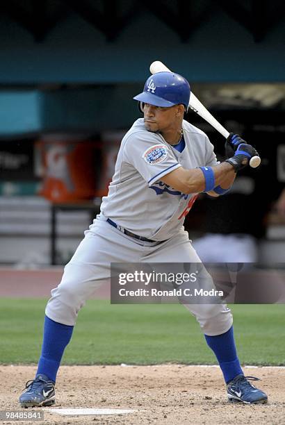 Rafael Furcal of the Los Angeles Dodgers bats during a MLB game against the Florida Marlins at Sun Life Stadium on April 11, 2010 in Miami, Florida....