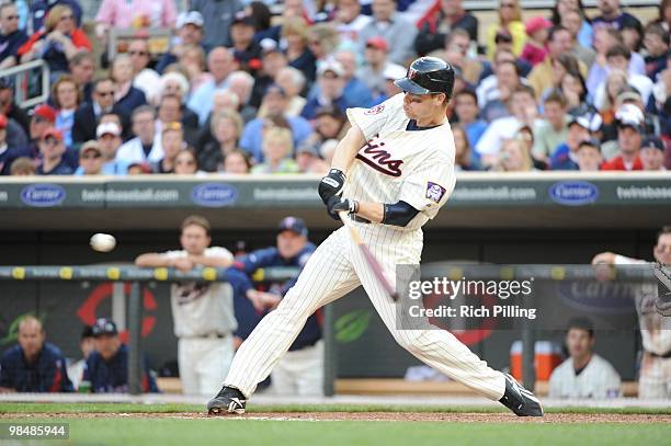 Justin Morneau of the Minnesota Twins bats during the Opening Day game against the Boston Red Sox at Target Field in Minneapolis, Minnesota on April...