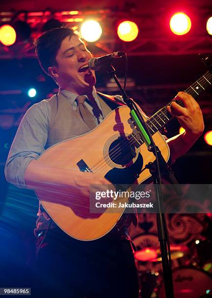 Singer Marcus Mumford of the British folk-rock band Mumford & Sons performs live during a concert at the Astra Kulturhaus on April 15, 2010 in...