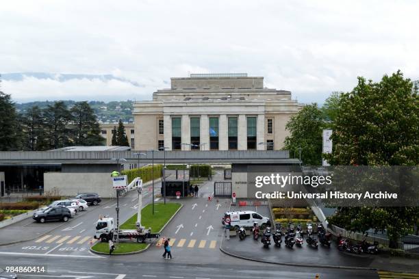 Entrance to the United Nations Headquarters. Geneva. Switzerland. This was the home of the League of Nations and is the present meeting place of the...