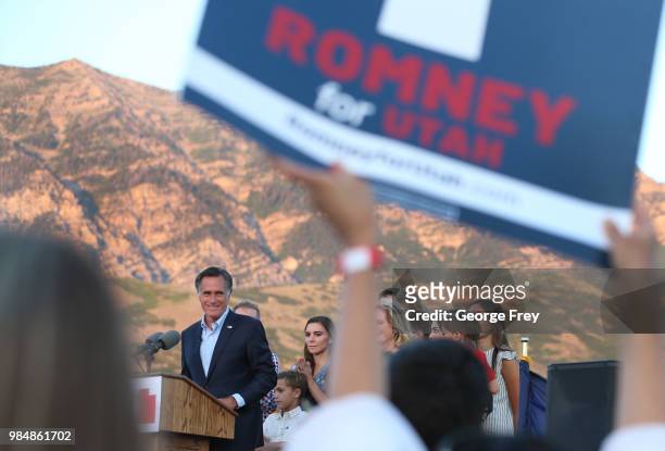 Mitt Romney and his family talks to supporters and declares victory on June 26, 2018 in Orem, Utah. Romney was declared the winner over his...