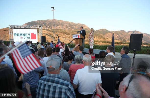 Mitt Romney and his wife Ann talks to supporters and declares victory on June 26, 2018 in Orem, Utah. Romney was declared the winner over his...