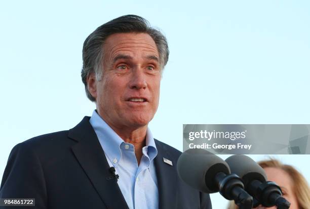 Mitt Romney talks to supporters and declares victory on June 26, 2018 in Orem, Utah. Romney was declared the winner over his challenger Mike Kennedy...