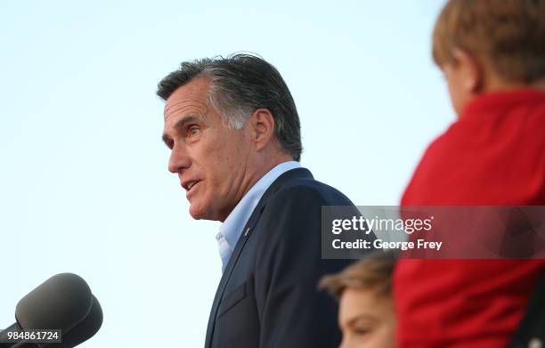 Mitt Romney and his family talks to supporters and declares victory on June 26, 2018 in Orem, Utah. Romney was declared the winner over his...