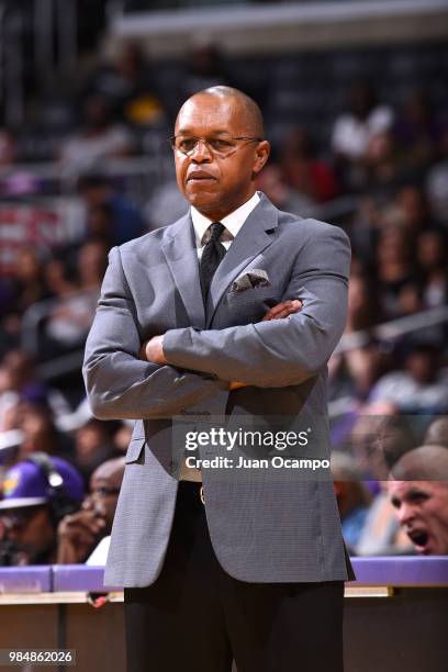 Head Coach Fred Williams of the Dallas Wings looks on during the game against the Los Angeles Sparks on June 26, 2018 at STAPLES Center in Los...