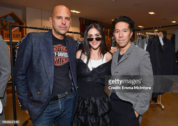 Designer Claude Morais, Isabelle Fuhrman and designer Brian Wolk attend the Wolk Morais Collection 7 Fashion Show at The Jeremy Hotel on June 26,...