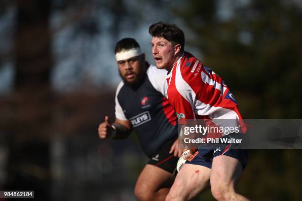 Sam Furniss of Counties Manukau passes during the Mitre 10 Cup trial match between Counties Manukau and Tasman at Mountford Park on June 27, 2018 in...