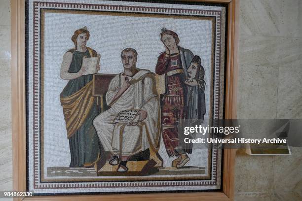Virgil and the three muses. 3rd century AD Roman Mosaic discovered at Sousse. Tunisia.