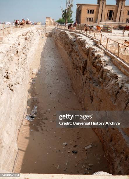 Solar Boat pit. Giza Pyramids Plateau. Egypt. Built to hold the Khufu ship. . from Ancient Egypt. Was sealed into a pit in the Giza pyramid complex....