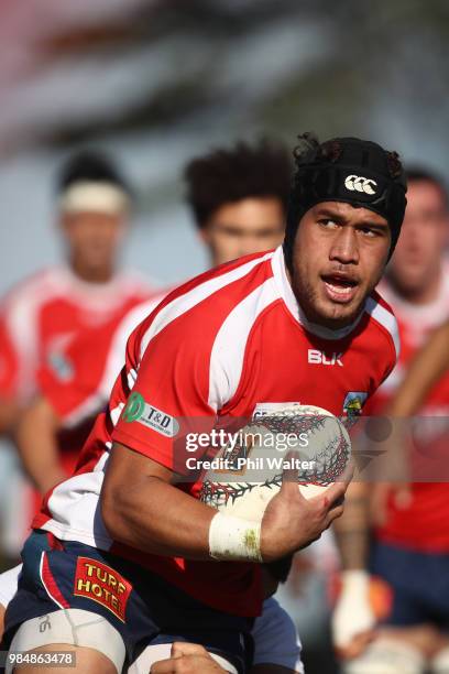 Riley Hohepa of Counties Manukau runs the ball during the Mitre 10 Cup trial match between Counties Manukau and Tasman at Mountford Park on June 27,...
