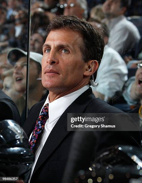 Tony Granato assistant coach of the Pittsburgh Penguins looks on during game action against the New York Islanders on April 8, 2010 at the Mellon...